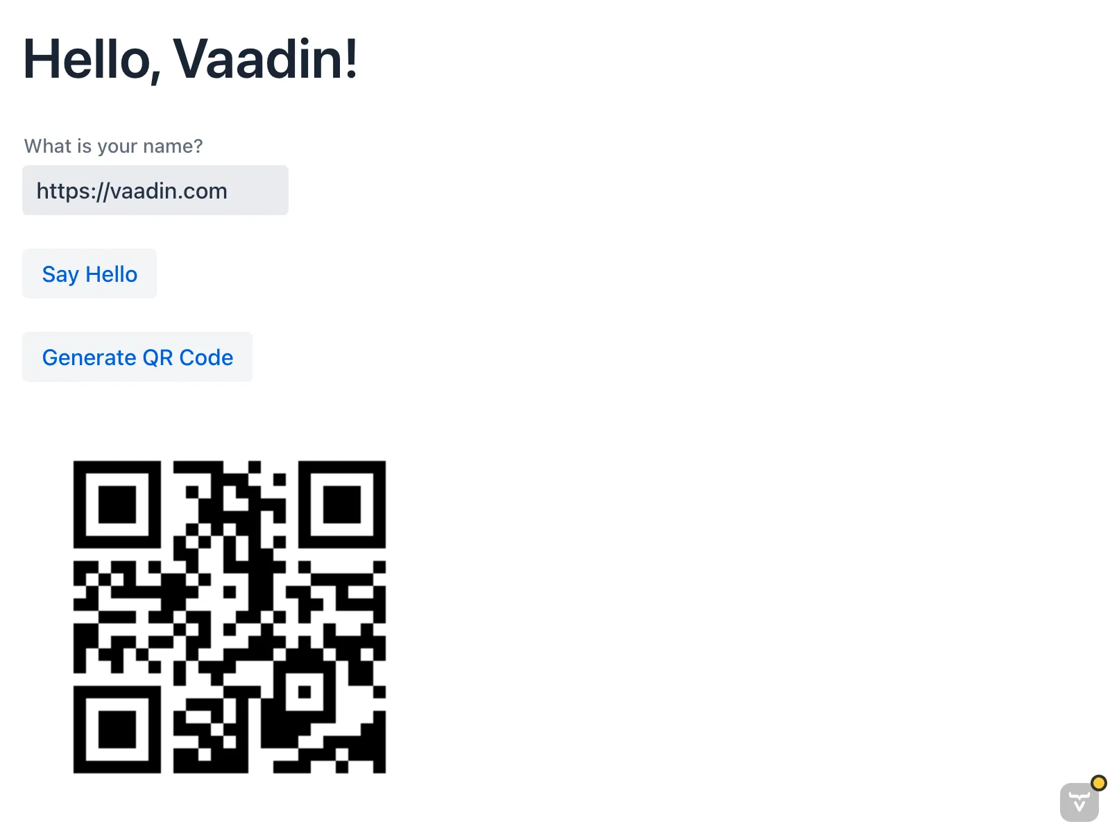 The Vaadin view with a button to generate a QR code