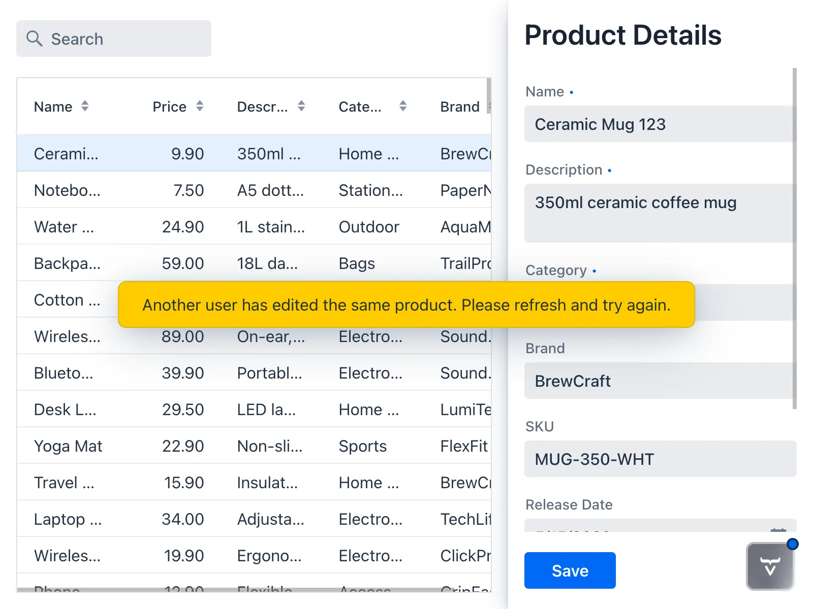 The product drawer with an optimistic locking error notification visible